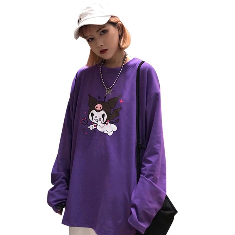 Cartoon Demon Long Sleeve O Neck Loose Purple T Shirt